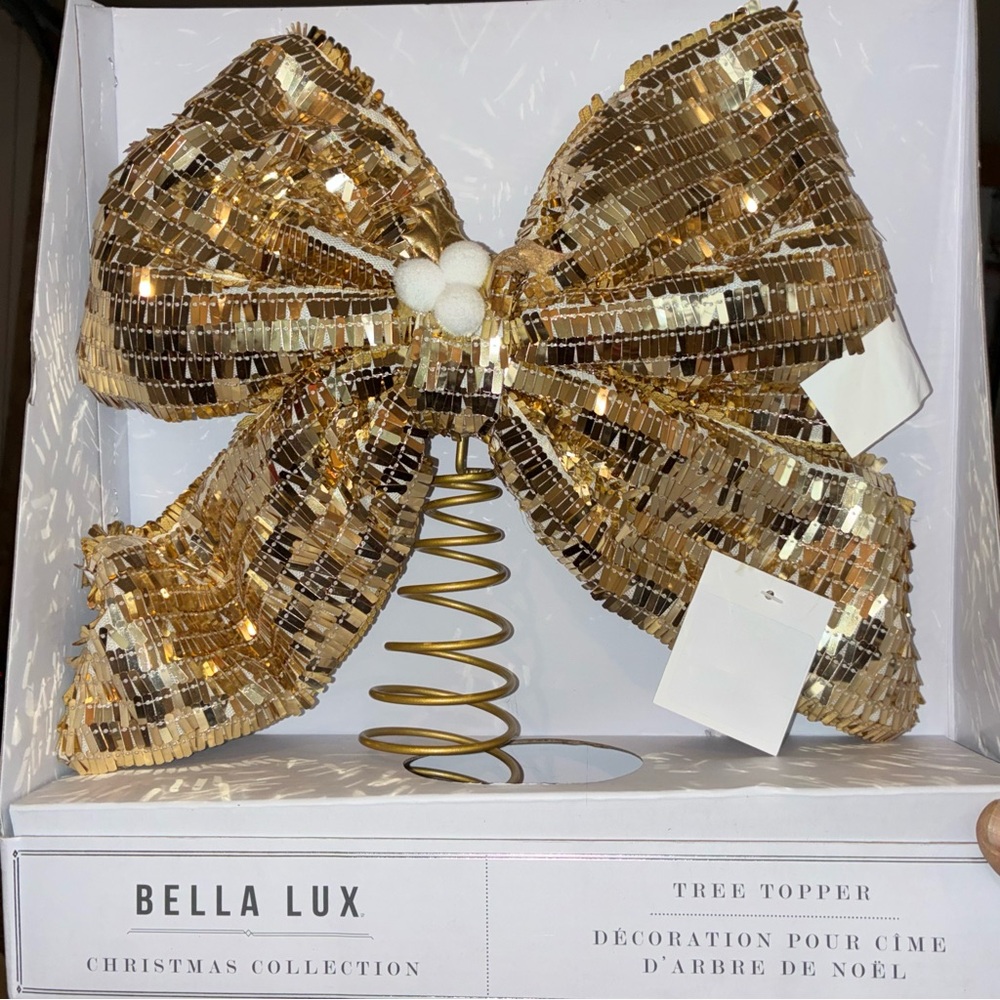 Bella Lux Gold Sequin Bow Tree Topper NWT • Holiday Decor • Ships Fast!